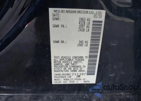 2019 Nissan Altima 2.5 Sl из США, поврежденный, VIN 1N4BL4EV8KC251397